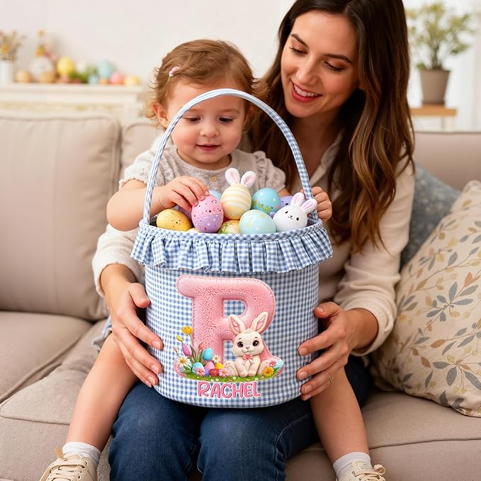 CALLIE Personalized Easter Basket for Kids | 8.8" Custom Easter Basket with Name Rabbits Plaid Design | First Easter Spring Basket Gift