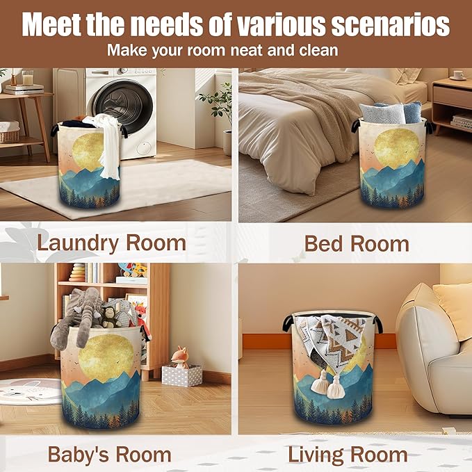 Mountains Sun Nature Scenery Laundry Baskets,Laundry Hamper,Storage Basket with Handles for Bathroom Bedroom College Dormitory Living Room Nursery Organizer 16"x20.8"