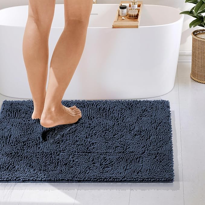 Hearth & Harbor Bathroom Rugs, Chenille Bath Mat - Machine Washable Bath Mats for Bathroom Non-Slip Backing Rubber, Quick Dry Bathroom Mat - Navy Blue 24x36