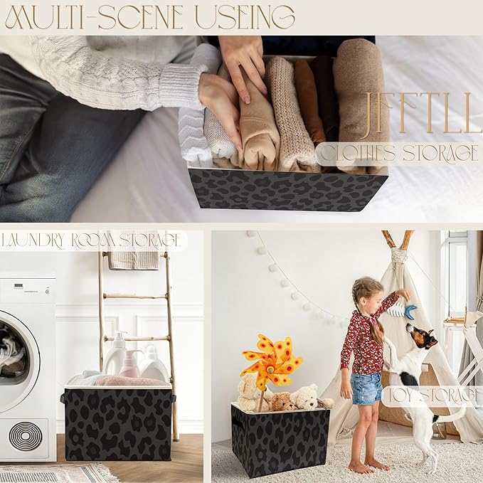 Black Leopard Print Storage Bins with Handles, Cheetah Print Room Decor, Trendy Leopard Collapsible Laundry Basket Storage Box for Home Bedroom Bathroom Clothes Toys Books