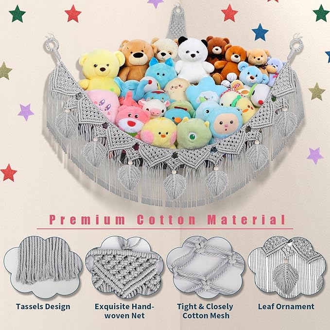 Stuffed Animal Hammock Corner - 56'' Jumbo Handcrafted 5mm Double Macrame Cord Toy Hammock Holder - 100% Natural Cotton Stuffed Animal Storage Net - Gray Stuffy Plushie Net w/LED Star Light
