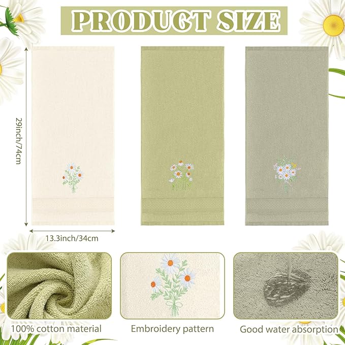 3 Pcs Daisy Floral Hand Towels Daisy Flowers Boho Bathroom Decor 14x29 Inch Cottage Core Embroidered Decorative 100% Cotton Soft Absorbent Hand Towels for Bathroom Kitchen