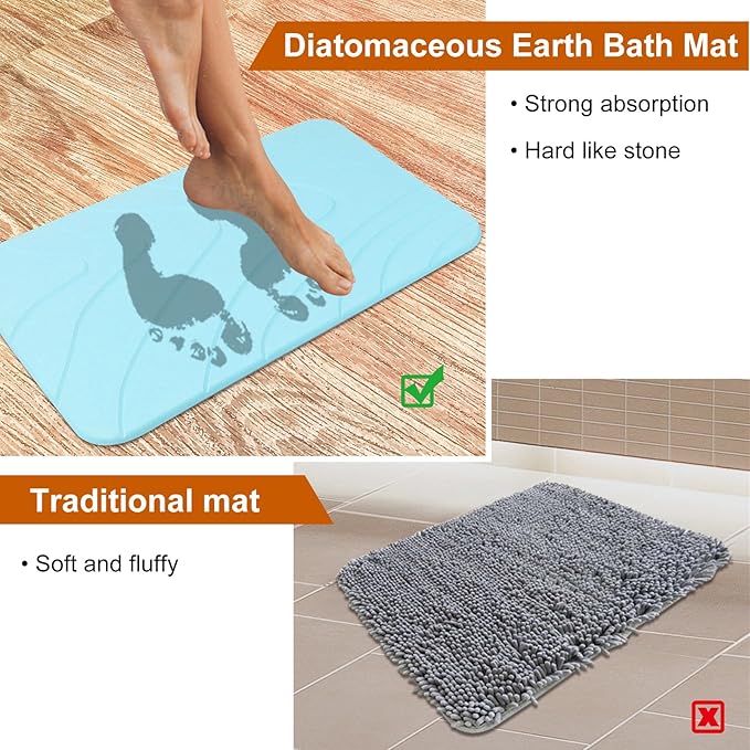 2 Pack Diatomaceous Earth Shower Mat, Stone Bath Mat, Nonslip Super Absorbent Fast-Drying Hard Bath Mat for Bathroom Shower Floor, 23.62 x 15.35 inch, Blue-Green