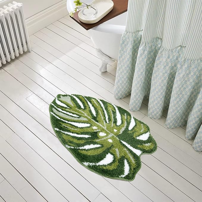 Green Bathroom Rug - Leaf Bath Mat Tropical Monstera Bath Rugs Non Slip Washable Bathrug for Bathroom Floor, Cute Bathmat Restroom Rug, Plant Absorbent Bath Mats Botanical Home Decor 20" x 32"