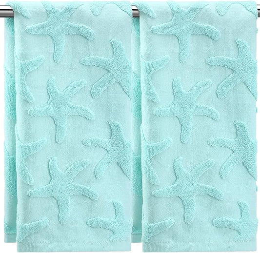 2 Pcs Starfish Hand Towels for Bathroom 100% Cotton Jacquard Weave Bath Towel Set Soft Absorbent Dish Washcloth for Bathroom Kitchen Sea Theme Gifts 13.8 x 29.5 Inch (Blue Green)