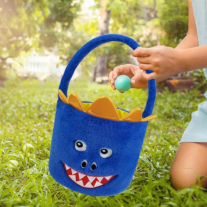 DearSun Exquisite Embroidery ! Personalized Plush Dinosaur Basket Easter Egg Hunting Basket with Embroidery Name (Blue Plush Dinosaur)