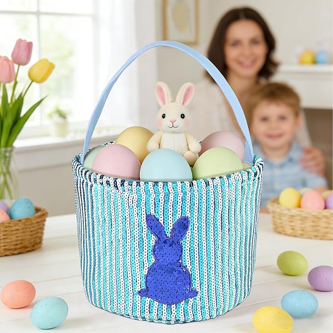 Personalized Easter Basket for Kids, Boys & Girls – Ideal for Egg Hunting & Easter Gift Storage (Blue Sequin Bunny Basket)