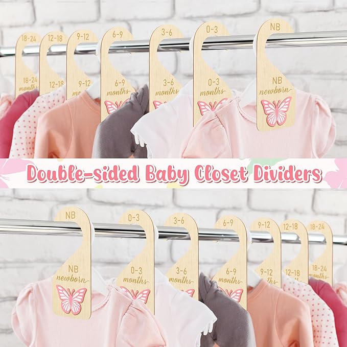 R HORSE 3D Wooden Baby Closet Dividers - 8Pcs Pink Butterfly Baby Closet Organizer, Double-sided Newborn Clothes Size Hanger Dividers Nursery Decor Birthday Gift for Boys Girls, 0-24 Months