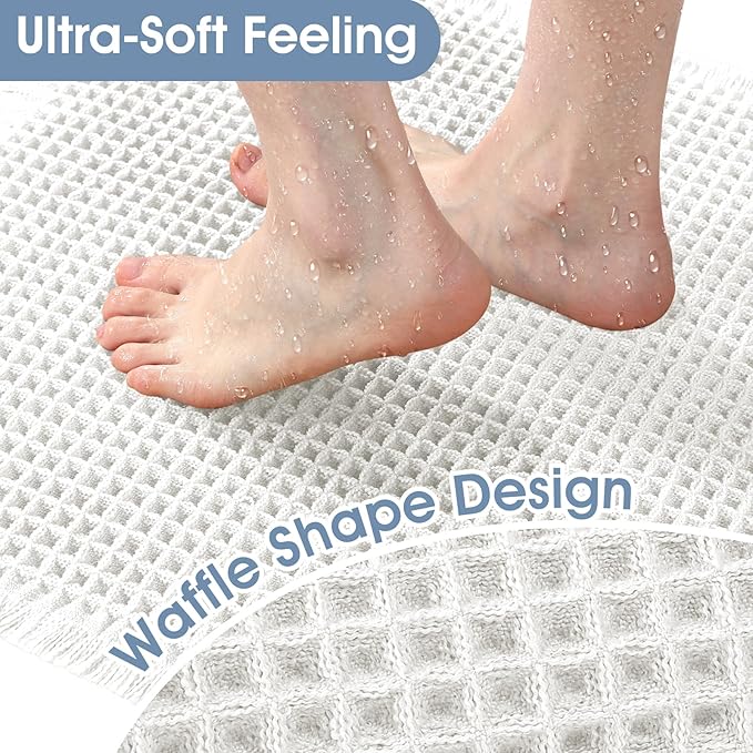 Accumtek Extra Large Waffle Bath Mat, 5'x2' White, Super Absorbent Non-Slip Quick Dry Bathroom Rugs with Tassels, Machine Washable Ultra Soft Boho Bath Rugs for Floor, Toilet Mats Boho Farmhouse Decor