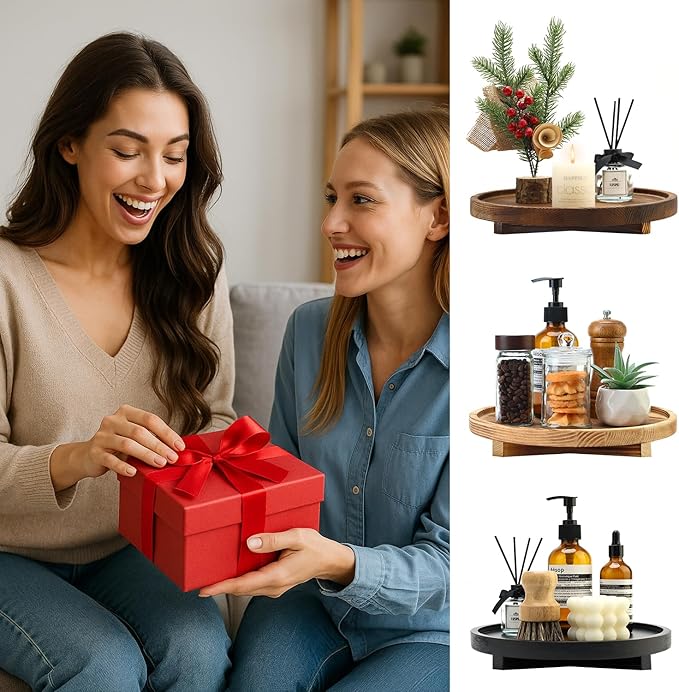 12 inch Large Round Decorative Tray Wood Bathroom Counter Organizer Farmhouse Kitchen Decor Wooden Riser for Perfume Soap Dish Wood Decorative Candle Holders for Home Decor Brown Table Centerpieces