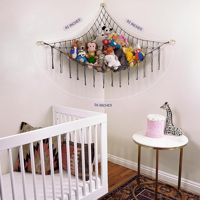 Large Stuffed Animal Hammock Corner - Stuffed Animal Storage - 100% Natural Cotton Macrame Stuffed Animal Net - Stuff Animal Organizer - Net for Stuffed Animals Corner Large-Gray