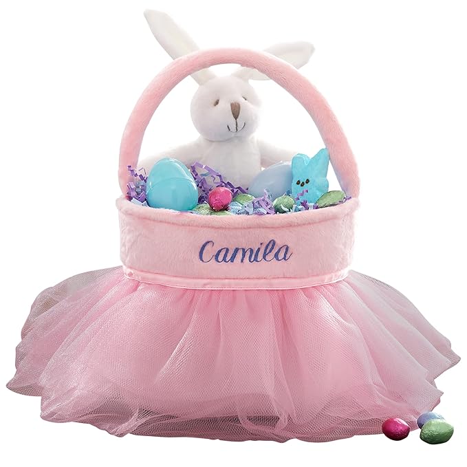 Personalization Universe Pink Tutu Personalized Easter Basket – Embroidered Name Plush Easter Basket – Custom Kids & Baby Easter Egg Basket
