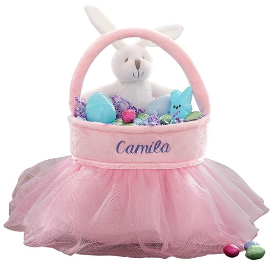 Personalization Universe Pink Tutu Personalized Easter Basket – Embroidered Name Plush Easter Basket – Custom Kids & Baby Easter Egg Basket