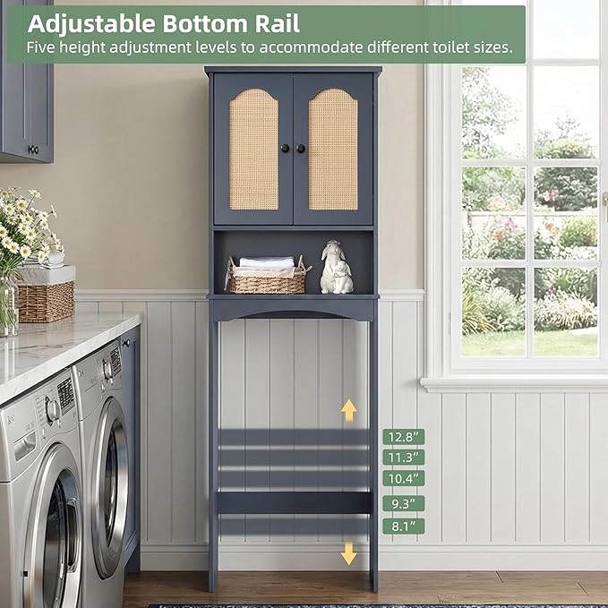 Premium Over The Toilet Storage Cabinet, Boho & Farmhouse Rattan Bathroom Organizer, Adjustable Bottom Bar for Water Valve Clearance, Navy Blue P2 MDF, 24"x70"