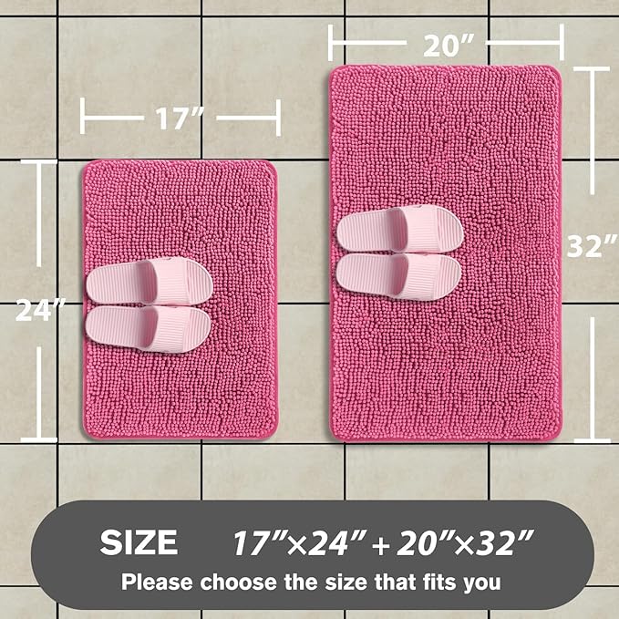 Hot Pink Bathroom Rugs Sets 2 Piece – Absorbent and Washable Bath Mat, Non-Slip, Thick Soft Chenille Bath Rugs for Bathroom Floor, Shower, Sink - 17" x 24"+20" x 32"