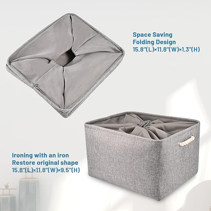 HOdo Home 3PCS Storage Bins, Fabric Bin with Drawstring Closure and 2 Bold Handles, Collapsible Large Canvas Baskets for Organizing Shelf Nursery Home Closet (15.8×11.8×9.5 In, Grey)