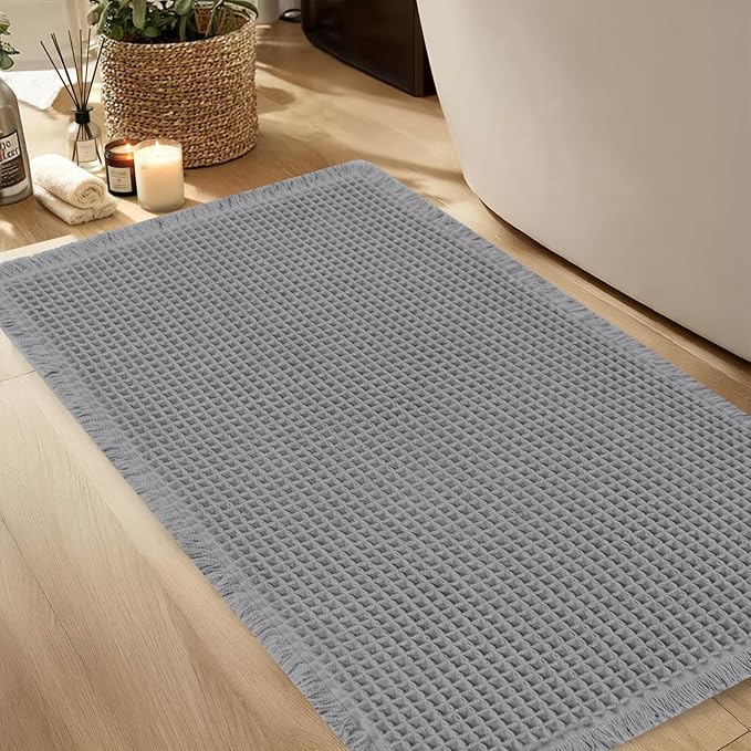 Hiasan Waffle Bath Mat, Super Absorbent Non Slip Bathroom Boho Rug with Tassels, Machine Washable Bath Mats for Bathroom, Ultra Soft Rubber Backed Rug, Grey, 20 x 32 Inches