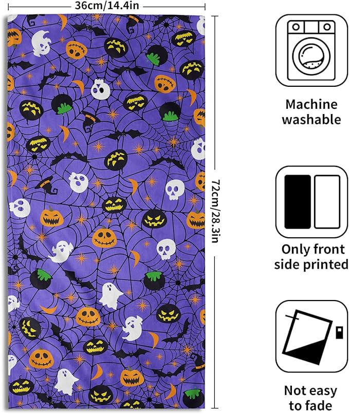 Halloween Spooky Bat Pumpkin Hand Towel Set of 2 Soft Absorbent Funny Halloween Scary Purple Spiderwebs Tea Towels Baking Cooking Wash Cloth for Bathroom Kitchen Bar Beach Gym Spa Decor 14x28 Inch