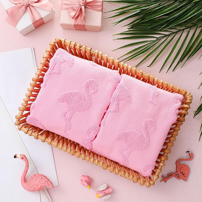 2pcs Flamingo Hand Towels for Bathroom 100% Cotton Jacquard Weave Bath Towel Set Absorbent Dish Washcloth for Bathroom Kitchen Tropical Summer Theme Gifts 13.8 x 29.5 Inch (Rose Pink)
