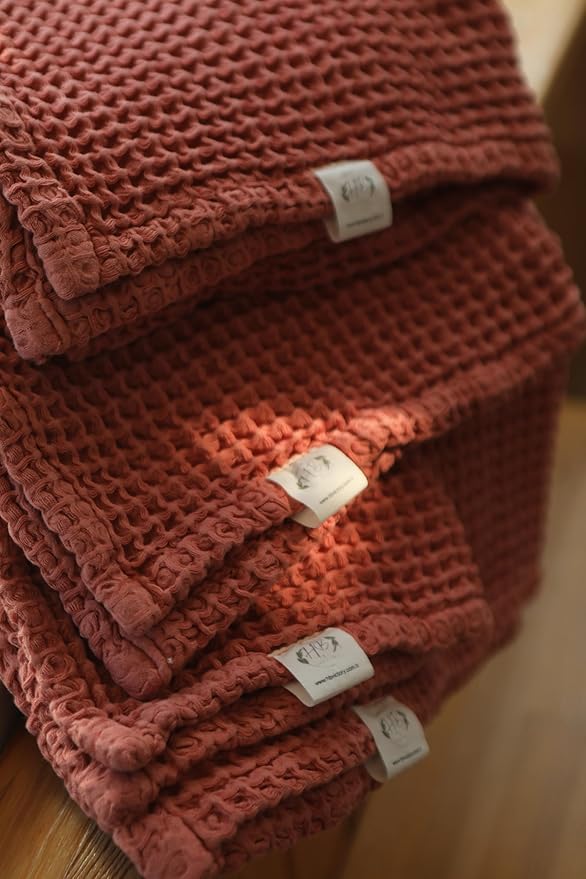 HB&Victory Luxury Muslin Waffle Towel Set for Bathroom – 4 Pieces Rust, Premium 100% Organic Turkish Cotton, 4 Size Pack, Quick-Dry Soft Absorbent Waffle Weave Towels for Home, Spa & Travel