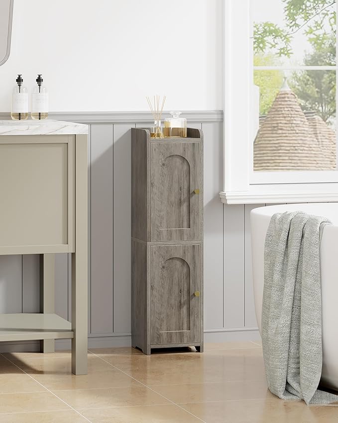 Bathroom Storage Cabinet, Small Corner Floor Cabinet with 2 Doors and Adjustable Shelf, Narrow Toilet Paper Cabinets, Bathroom Organizer for Small Spaces, 7.9" D x 7.9" W x 29.5" H Greige