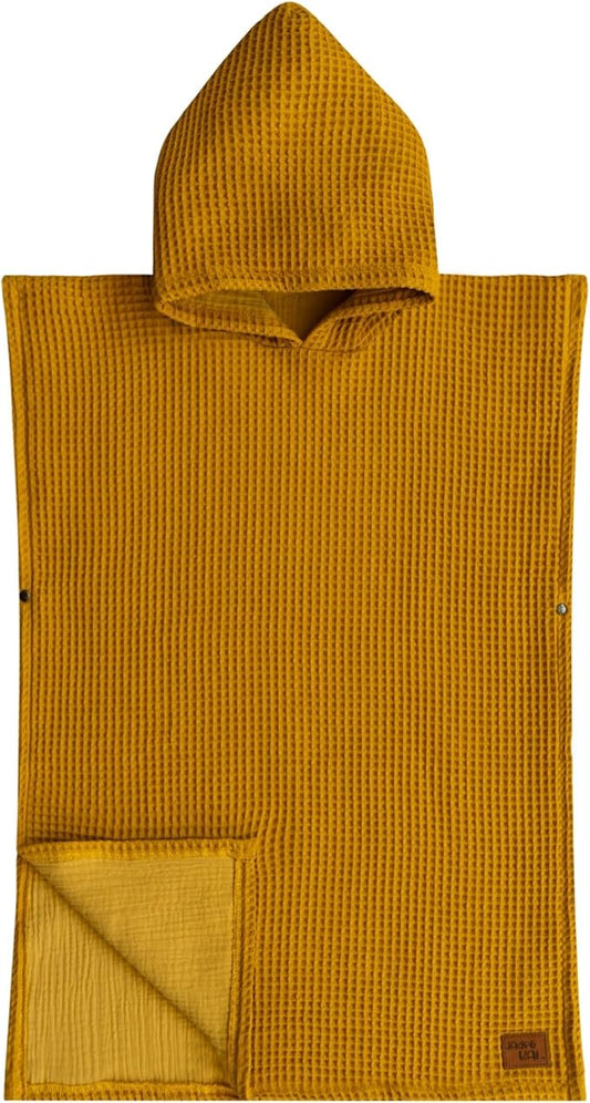 Jade&Kai Hooded Towel for Kids | Snaps into a Poncho | Organic Cotton Waffle | Lightweight and Absorbent | Bath, Beach, and Pool | Multiple Colors | (Medium (3-6 Yrs), Mustard Seed)