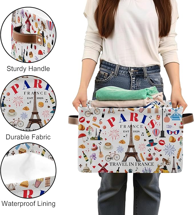 Paris Themed Storage Basket - Eiffel Tower Print Collapsible Bin with Handles - Eiffel Tower Toy Bins - Eiffel Tower Pattern Storages Bin for Kids Clothes, Gifts, Books