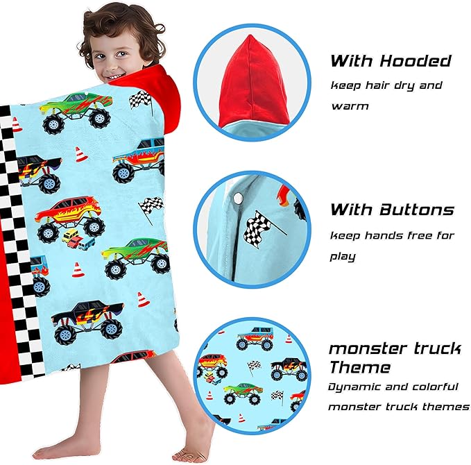 Hooded Towels for Kids -Monster Toddler Beach Towel- Super Absorbent & Quick Dry 100% Cotton 35x60 Inch - to Kid Ages 3-12-Truck Cars Swim Towels