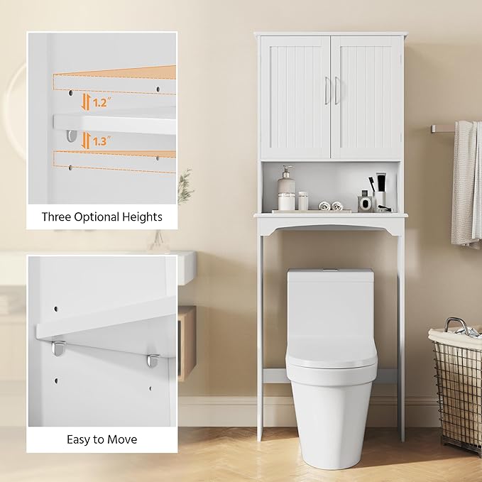 Topeakmart Over The Toilet Storage, Toilet Rack with Adjustable Shelf and Double Doors for Bathroom, 3 Shelves, White