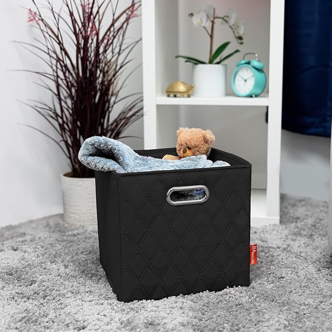 FH Group JIAessentials 12" Faux Leather Foldable Storage Cube Bins Set of 2 – Black Diamond Patterned Organizers with Handles for Closet & Shelves