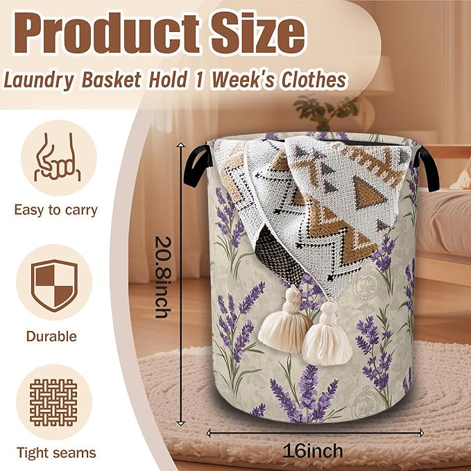 Purple Lavender Flowers Laundry Basket,Waterproof Foldable Laundry Hamper,Dirty Clothes Basket, Linen Bin Storage Organizer Collection 16" x 20.8"