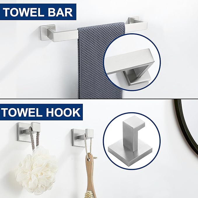 5 Pieces Bathroom Hardware Accessories Set Brushed Nickel, 16Inch Square Towel Racks Set for Bathroom, SUS304 Stainless Steel Towel Bar Set, Bath Accessories Sets Wall Mounted