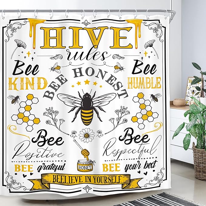 Homewelle Black Yellow Bee Quotes Shower Curtain Long Rustic Inspirational Motivational Words Retro Floral Daisy Honeycomb 72Wx78H Inch Farmhouse Vintage Waterproof Polyester Fabric Bathroom Bathtub