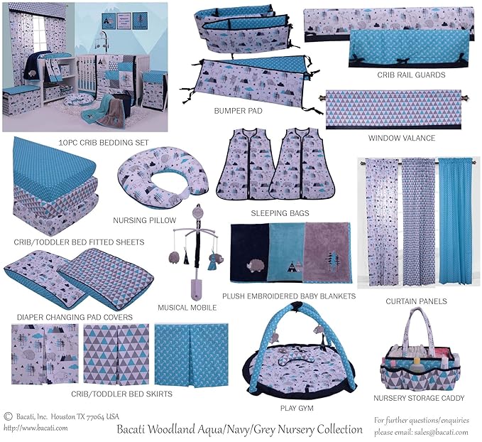 Bacati – Small Storage Tote Woodlands Animals Aqua/Navy/Grey 10X 10 X 10 inches