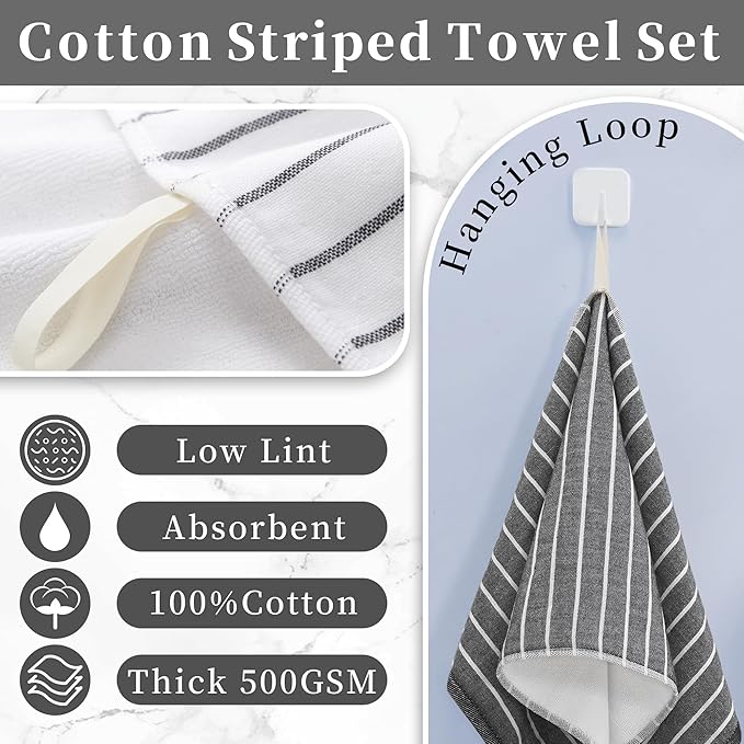 4-Pack Premium Cotton Hand Towels with Hanging Loops, 13x28 Inch – Ultra-Absorbent 450GSM Hand Towels for Bathroom, Soft Quick-Dry Face & Hand Towel Set, Durable Black & White Stripe Design