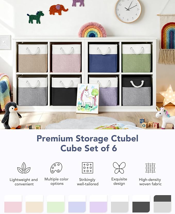 12x12 Storage Cube Bins, 6 Pack Reinforced Bottom Cardboard Foldable Box, Organizer for Closet Shelves, Heavy Home Storage Baskets (White Blue)