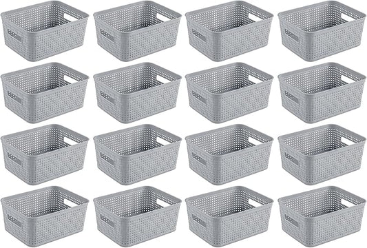 Sterilite 16 Pack Plastic Storage Bin Organization Containers, Short Baskets, Cement