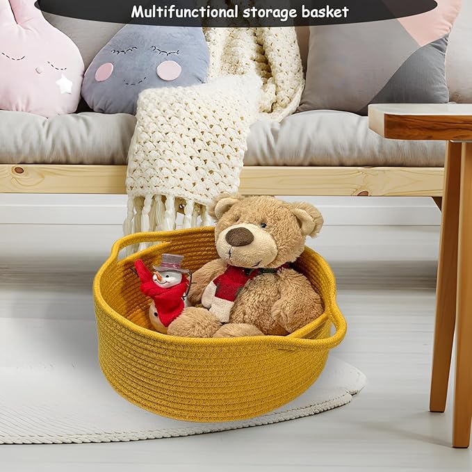 COMFY HOMI Small Woven Gift Baskets with Handles, Gift Bags and Ribbons - Cotton Rope Storage Basket for Organizing, Dog Toy Basket Box, Gift Baskets Empty, Mother’s Day-φ11X5 Inch, Yellow