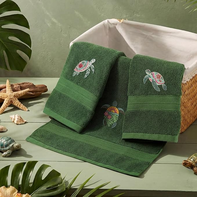 3 Pack Hibiscus Sea Turtle Beach Hand Towels for Bathroom 100% Cotton Embroidered Coastal Bathroom Towels 13.78 x 29.53'' Soft Absorbent Ocean Bath Towel Gift for Holiday Summer, Olive Green