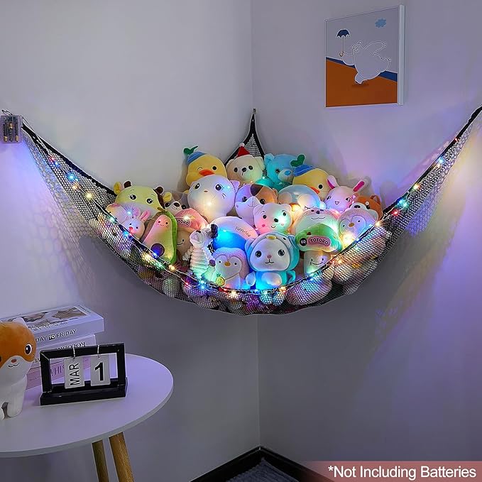 Basumee Stuffed Animals Net or Hammock with LED Light Hanging Toy Net Hammock for Stuffed Animals Storage Stuff Animals Hammocks for Nursery Room with Remote Control, 8 Kinds of Lights(Pack of 1)