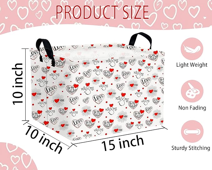 Large Valentine's Day Basket Heart Shaped Storage Bin for Gifts Collapsible Organizer Room Decor (Fireworks Res Love)