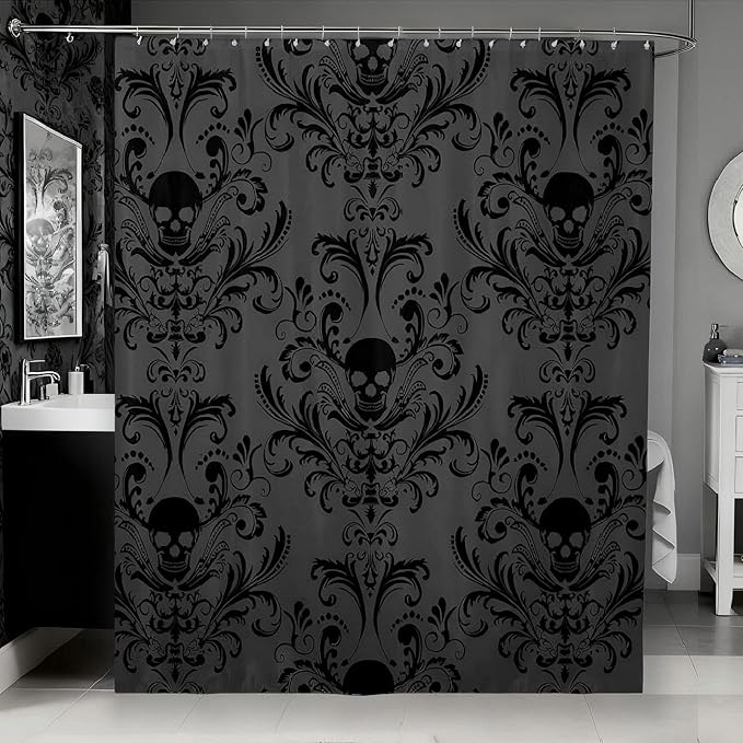 Gothic Shower Curtain Set Black Damask Fabric Shower Curtain Antique Victorian Vintage Floral Exotic Sugar Skull Bathroom Decor 72"Wx72"L,Skeleton Boho Baroque Decor Housewarming Gift,Charcoal Grey