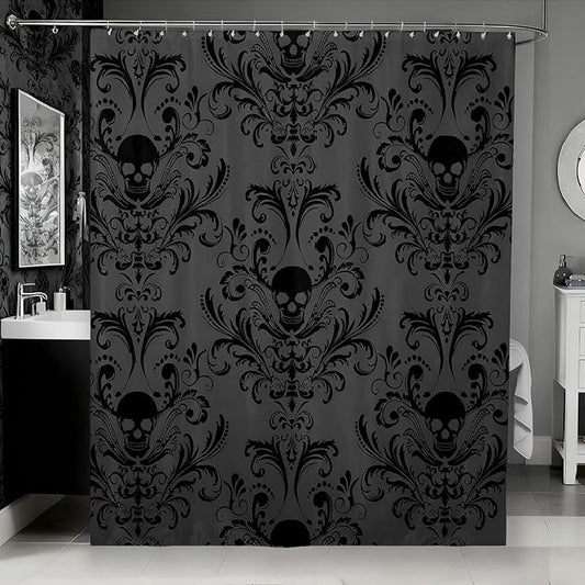 Gothic Shower Curtain Set Black Damask Fabric Shower Curtain Antique Victorian Vintage Floral Exotic Sugar Skull Bathroom Decor 72"Wx72"L,Skeleton Boho Baroque Decor Housewarming Gift,Charcoal Grey