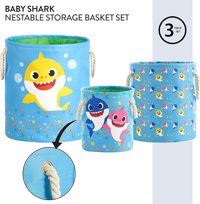 Baby Shark 3 Piece Multi Size Fabric Nestable Toy Storage Basket Set, with Rope Carry Handles