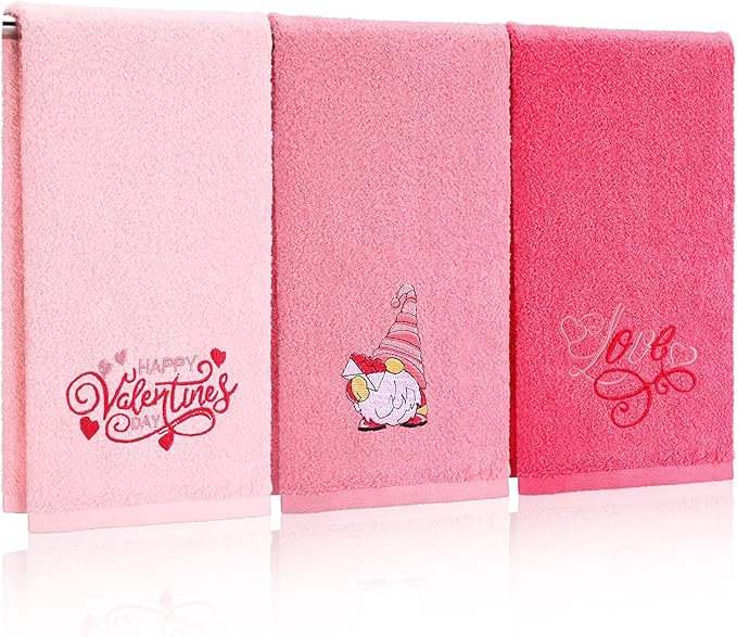 3 Pack Valentine's Day Hand Towels 13.4 x 29.2 Inch Cotton Embroidered Love Happy Valentines Day Gnome Bathroom Towel Absorbent Valentines Kitchen Decor for Hand Drying Cleaning Gift