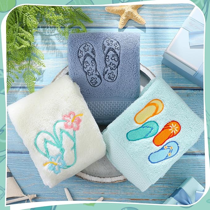 3 Pack Coastal Hand Towels for Bathroom 100% Cotton Embroidered Beach Bathroom Towels 13.78 x 29.53 Inch Soft Absorbent (Flip Flops)
