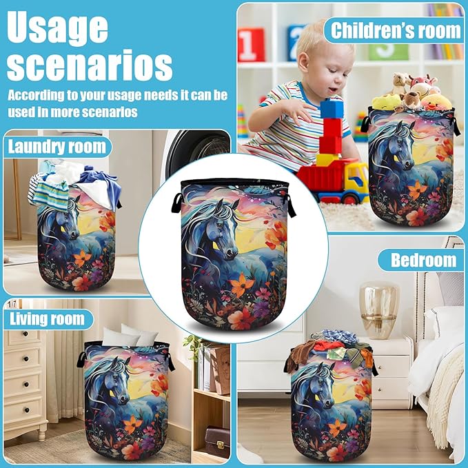 Colorful Horse Floral Laundry Basket, Laundry Hamper Collapsible Oxford Cloth with Handle Clothes Toy Storage Bin for Bathroom Laundry Room Bedroom 15.7 X 20 Inch