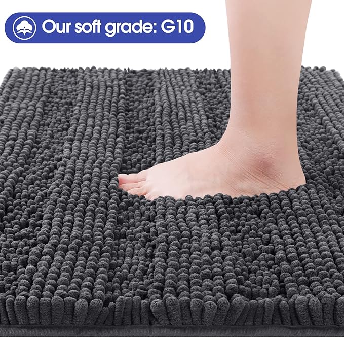 ACCUMTEK Extra Long Striped Grey Bathroom Rug Mat 70"x24" Ultra Soft, Non Slip Chenille Bath Rugs, Absorbent Plush Shaggy Bath Mats for Bathroom, Bedroom, Kitchen, Shower, Tub,Dark Gray, Charcoal