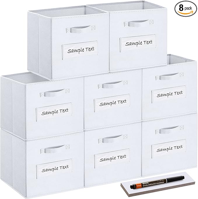 artsdi 13x13x13 storage cube bins(Set of 8)Fabric storage cubes with 8 Labels Window Cards & a Pen,storage cubes 13x13, storage bin, Collapsible 13 inch cube storage bins,Cubby Organizer Boxes, White
