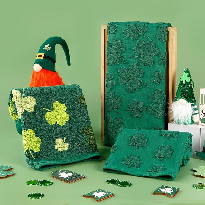 2 Pack St. Patrick's Day Hand Towels Kitchen Dish Towels Green Clover Shamrocks 100% Cotton Soft Absorbent Decorative Bathroom Towels Set for Drying, Cleaning, Cooking, 13.7'' x 29.5''